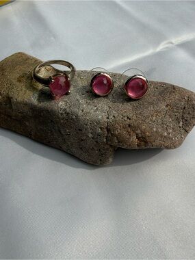 Ippolitta. Pink Gemstone Ring and Stud Earrings Set - Women Jewelry
